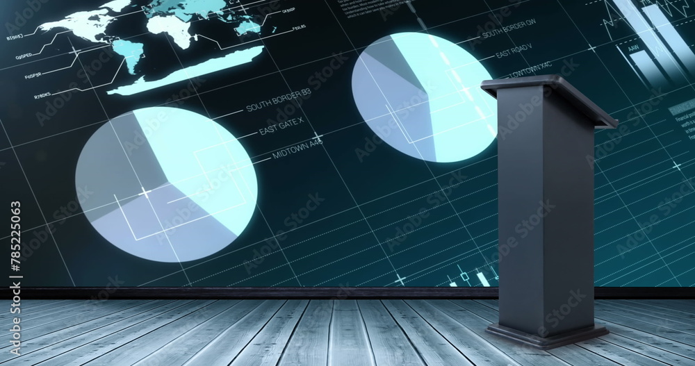 Poster image of platform over financial data processing on black background