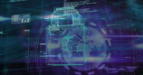 Image of data processing online security padlock and circuit board