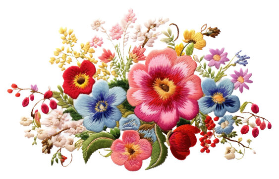 PNG  Bouquet of flowers in embroidery style pattern plant art.