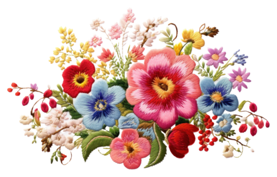 PNG  Bouquet of flowers in embroidery style pattern plant art.