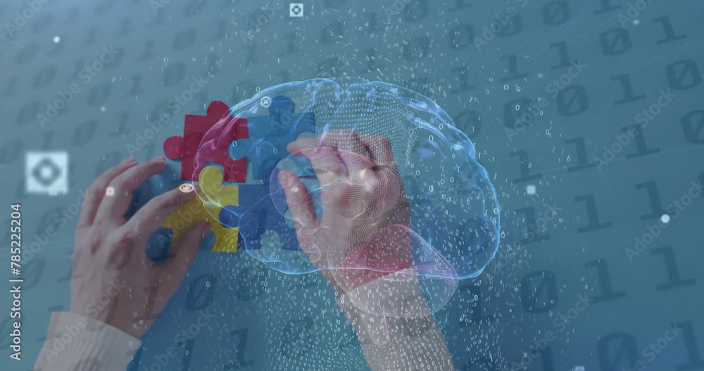 Aufkleber image of digital brain and data processing over hands holding puzzle pieces on blue background