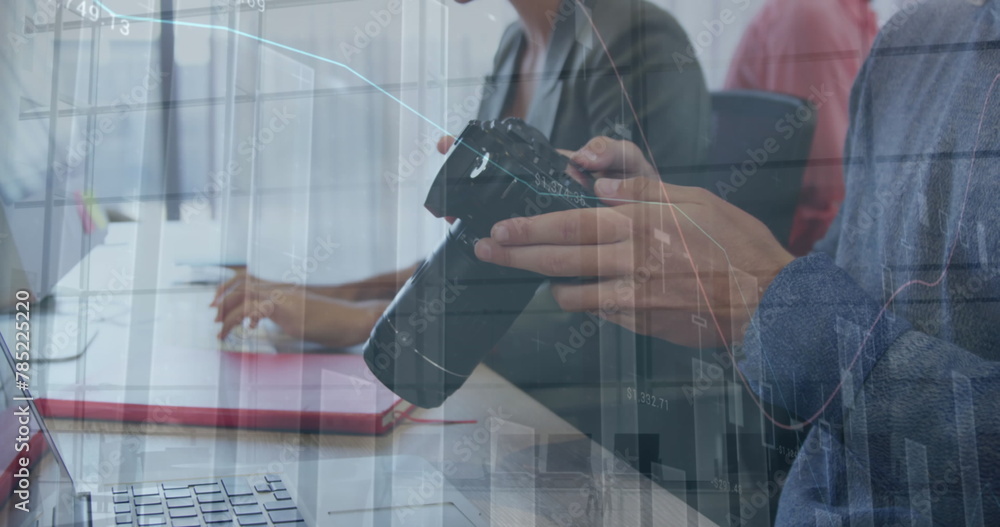 Poster image of statistics and financial data processing over woman using smartphone