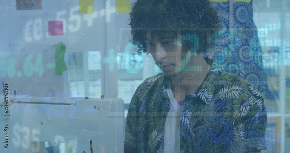 Poster image of financial data processing over biracial man using graphic tablet