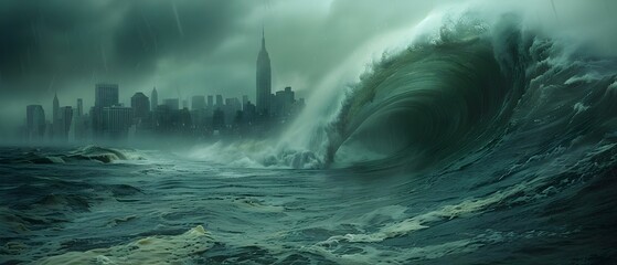 Impending Tidal Fury: City Prepares for the Unstoppable Wave. Concept Natural Disasters, Coastal Cities, Emergency Preparedness, Tidal Wave, Risk Mitigation - obrazy, fototapety, plakaty