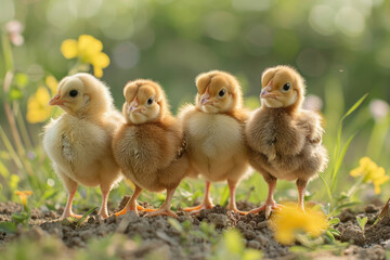 Little funny chickens graze in the green grass