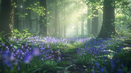 Dense forest with wildflower entrance, close-up on bluebells, low angle, mystical twilight setting 