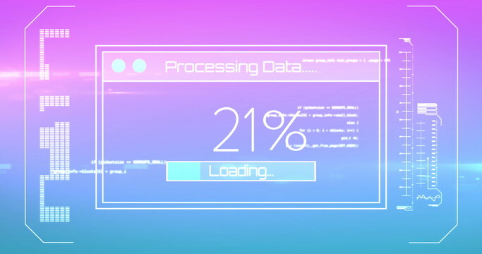 Image of interface with data processing against light spot on purple gradient background