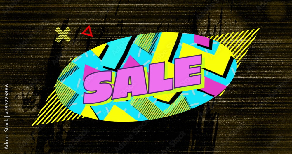 Poster image of sale text on retro speech bubble with abstract shapes
