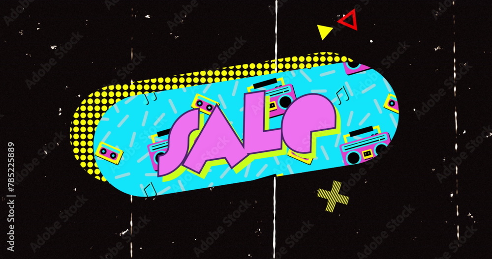 Poster image of sale text on retro speech bubble with abstract shapes