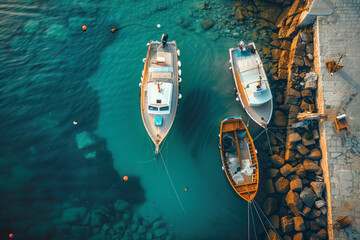 Aerial drone top down photo of traditional fishing boat anchored near small picturesque port. Top view. - obrazy, fototapety, plakaty