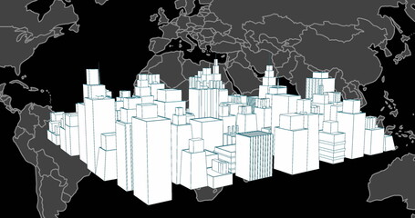 Image of digital city over world map on black background