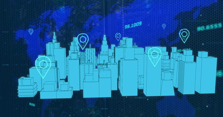Image of digital city over world map with data processing on black background