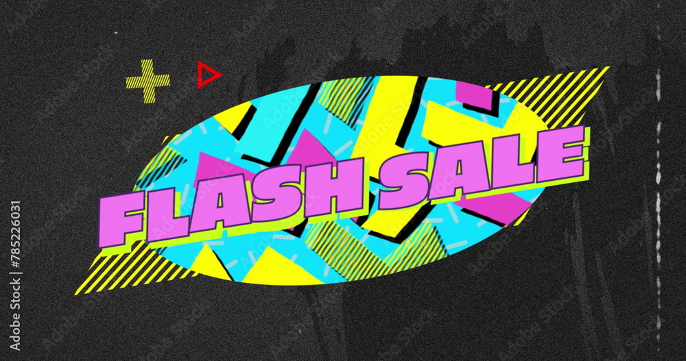 Poster image of flash sale text on retro speech bubble with abstract shapes