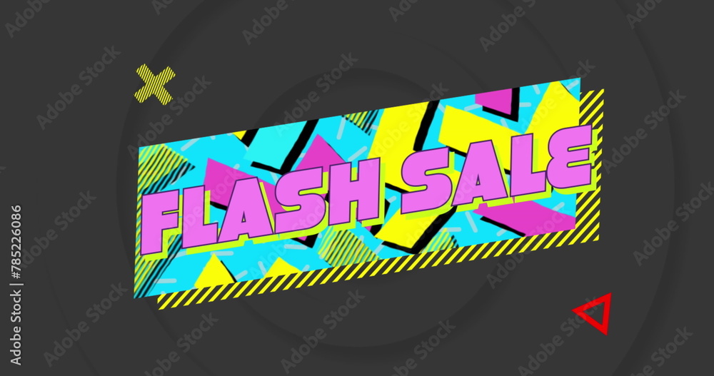 Poster image of flash sale text on retro speech bubble with abstract shapes