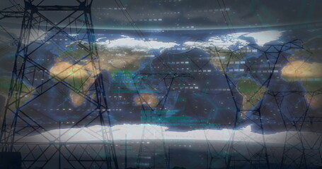 Image of data processing and electricity pylons over world map