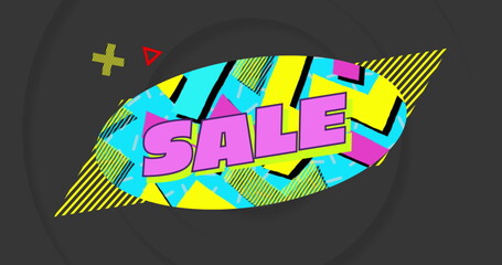 Image of sale text on retro speech bubble with abstract shapes
