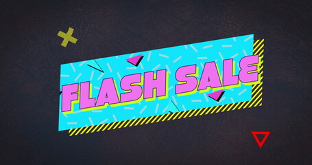 Image of flash sale text on retro speech bubble with abstract shapes