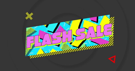 Image of flash sale text on retro speech bubble with abstract shapes