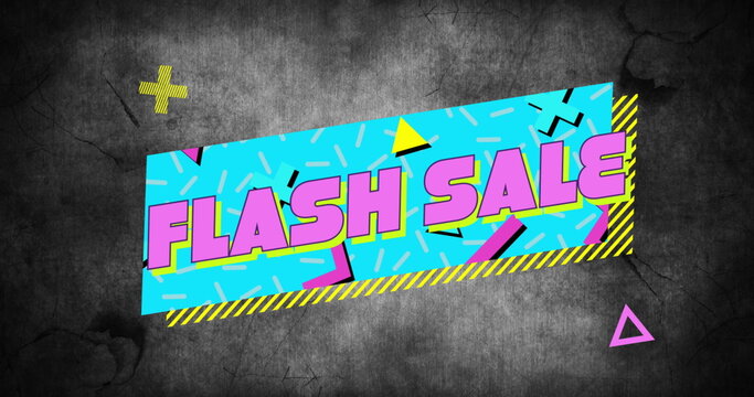 Composite of flash sale text on retro speech bubble with abstract shapes