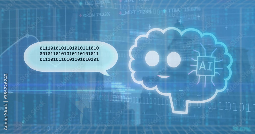 Poster image of ai text in cloud over binary codes, computer language, map, trading board on buildings