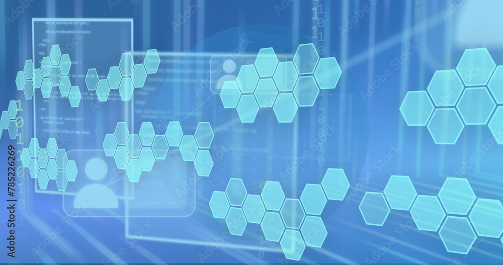 Poster image of profile icons over hexagons pattern, binary codes against blue background