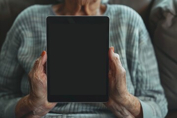 Digital mockup over a shoulder of a senior woman holding a tablet with a completely black screen