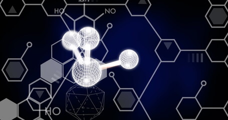 Image of molecule over chemical formula on black background