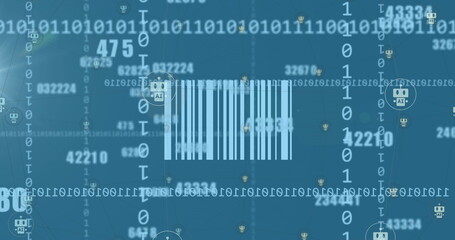 Fototapeta premium Image of changing numbers over icons and qr code against binary codes on blue background