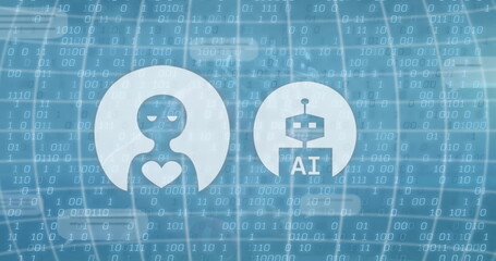 Image of ai text in robot, heart in alien over globe against binary codes on abstract background