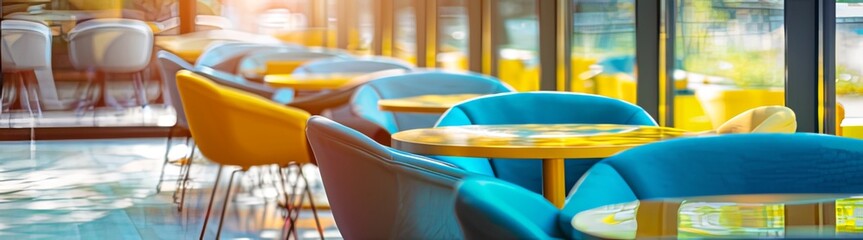 Abstract Blurred Background of Modern Interior Design: Blue Chairs and Yellow Tables in Cafe Style with Glass Windows. Ideal for Presentation or Promotional Materials.