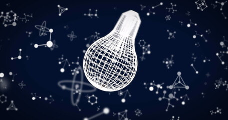 Image of light bulb icon over molecules on black background