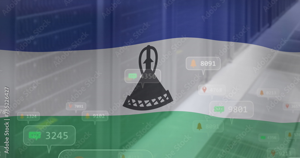 Poster image of numbers and icon in notification bars over lesotho flag against server room