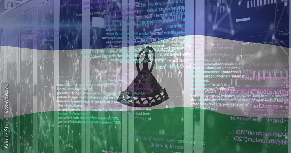 Poster image of flag of lesotho over computer language against connected dots on server room