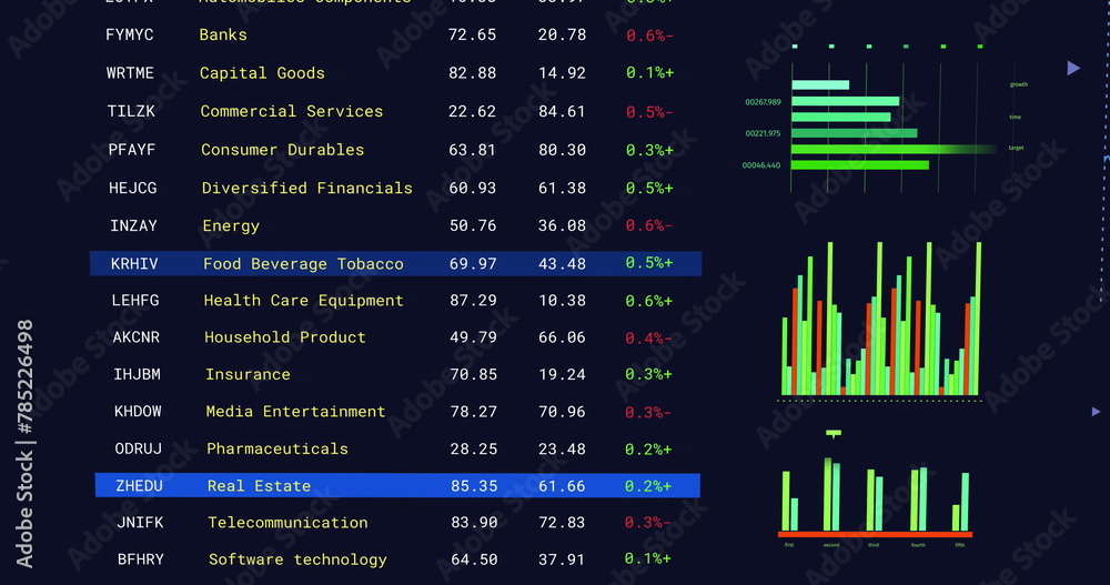 Poster image of multicolored graphs and trading board over black background