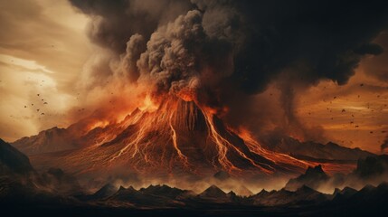 Volcano eruption apocalyptic disaster scene. Eruption of volcano with black smoke. - obrazy, fototapety, plakaty