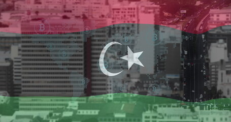 Image of map and bitcoin icons over flag of libya against time-lapse of vehicles on street