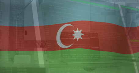 Image of flag of azerbaijan over computer interface against laptop on desk in office
