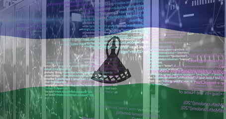 Image of flag of lesotho over computer language against connected dots on server room