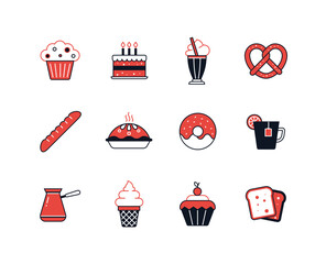 Sweets and drinks - line design style icons set with editable stroke. Cafe pastries, muffins, birthday cake, milkshake pretzel, hot cake, tea, coffee, loaf and cupcake. Tasty and delicious food idea