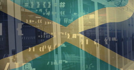 Image of multiple symbols and jamaican flag over server room