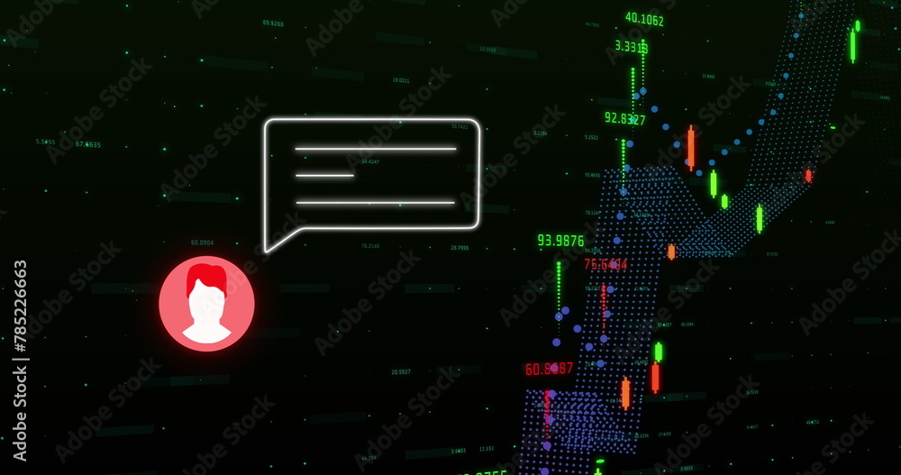 Poster image of message box and profile icons with graphs and changing numbers over black background