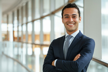 Atractivo hombre latino de negocios con traje azul marino, camisa blanca y corbata, brazos cruzados, con fondo desenfocado de instalaciones empresariales modernas y luminosas