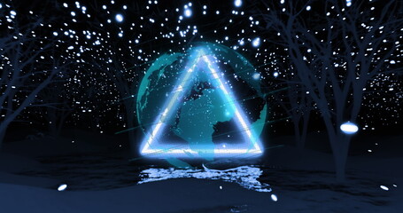Glowing triangle outline over globe and path lit by lights in tress at night