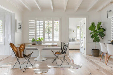  Decoracion interior de un comedor de una casa marinera de playa, en tonos blancos, con sillas modernas tapizadas en animal print y suelo de madera clara
