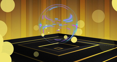 Yellow light spots and spinning globe of processing data over black podium and gold wall