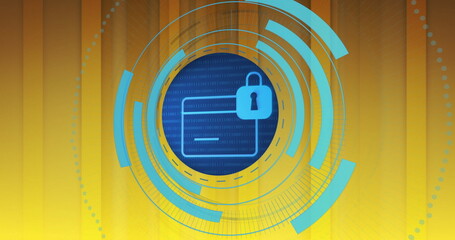 Circulat blue scanner over credit card and padlock icon on yellow background