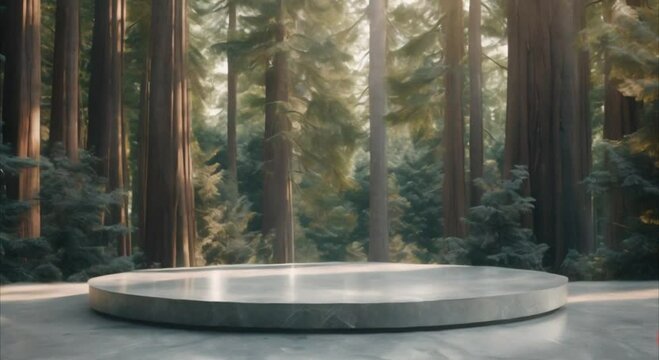 modern podium with a large tree in the forest as a backdrop footage