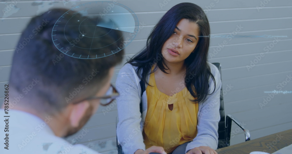 Poster image of data processing against diverse man and woman discussing over a document at office