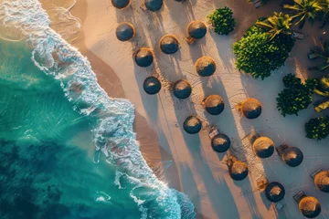 Fototapeten Aerial view of umbrellas, palms on the sandy beach of Indian Ocean at sunset. Top view. © Hunman