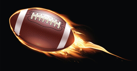American football ball fire on a black background. Realistic illustration.